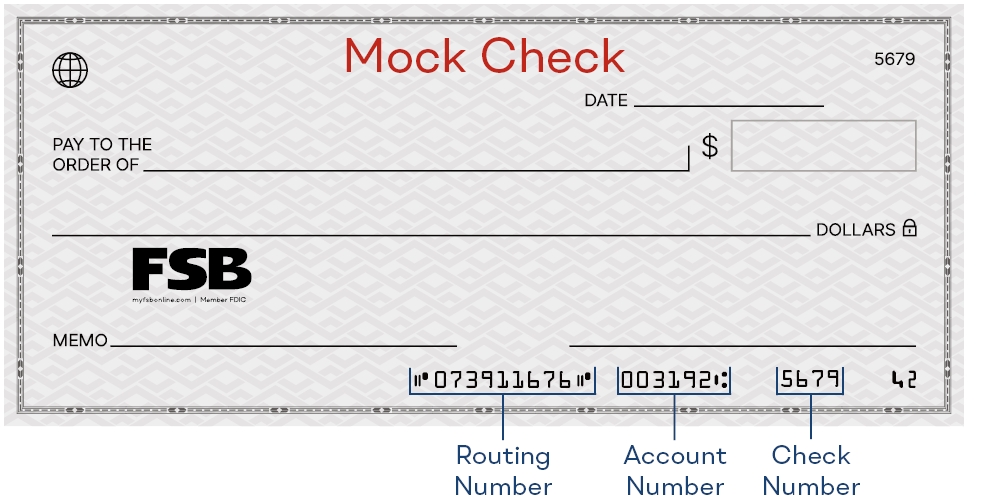 Image illustrating the location of numbers on a check: the first set is the routing number, followed by the account number, and finally, the check number.