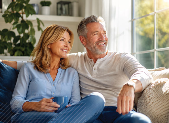 Happy middle-aged couple relaxing together in a bright, sunlit living room.