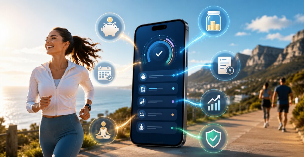 Woman jogging beside a phone showing automated savings, bills and retirement goals.