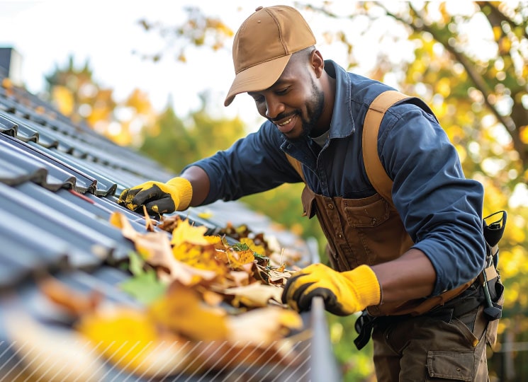 A person cleaning leaves from a gutter  paid for with a personal loan in Iowa