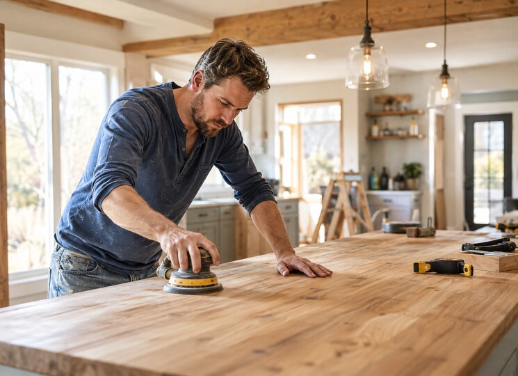 Homeowner sanding a wood countertop during a home renovation project.