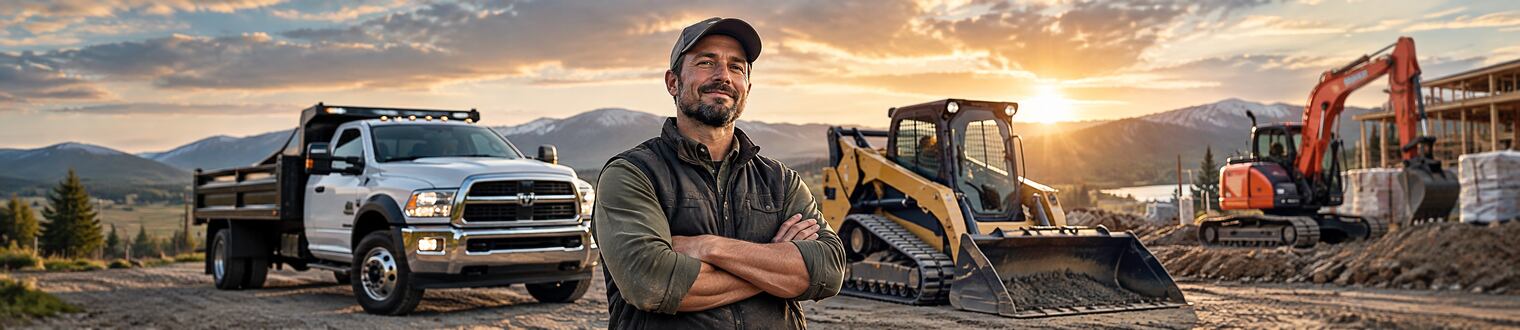 Contractor standing at a worksite with a dump truck, skid loader, and excavator at sunset.