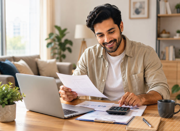 Man using a calculator and reviewing loan documents at a home desk
