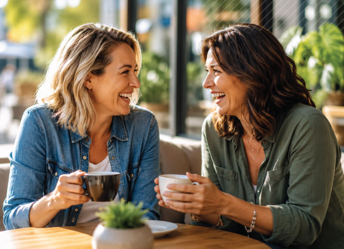 Two friends laughing together over coffee in a bright, sunlit café.