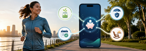 Woman jogging beside a phone showing automated savings, bills and retirement goals.
