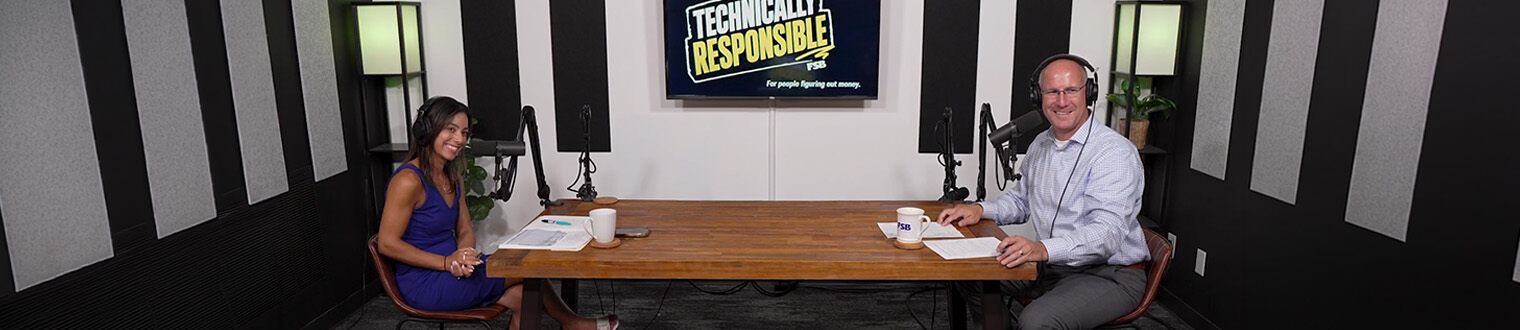 Two podcast hosts sit across a table with microphones beneath a Technically Responsible FSB sign.