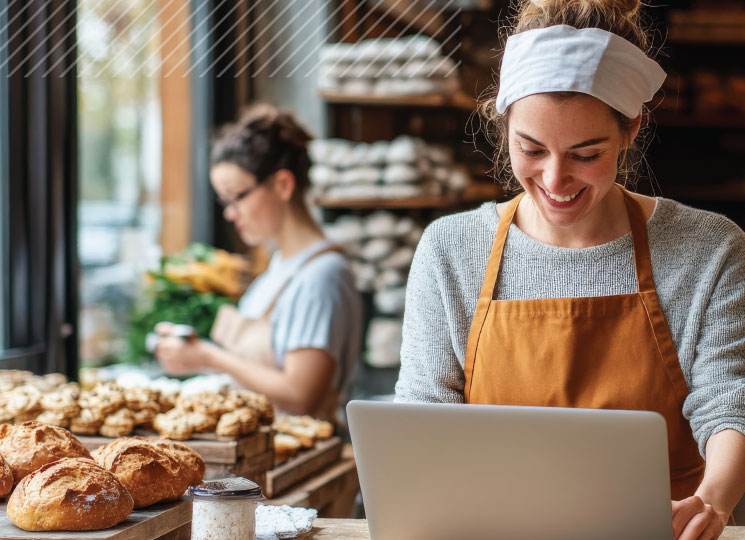 Smiling worker using laptop in bakery with bread and pastries in background