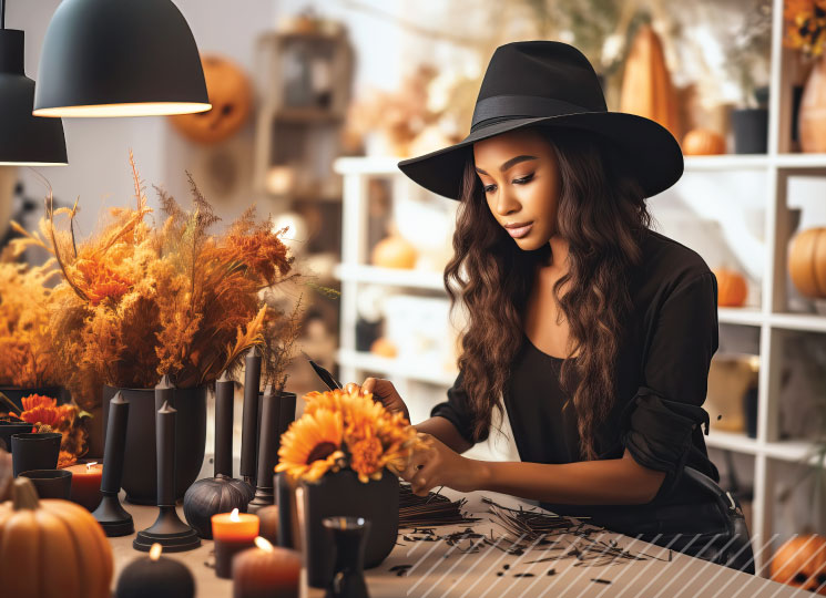 Person arranging fall flowers indoors with seasonal decor