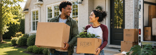 Couple carrying moving boxes into their new home.
