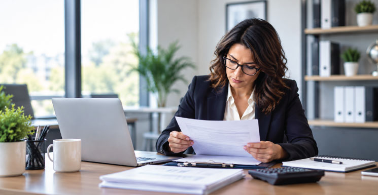 Business professional reviewing documents for signs of check fraud in 2026.