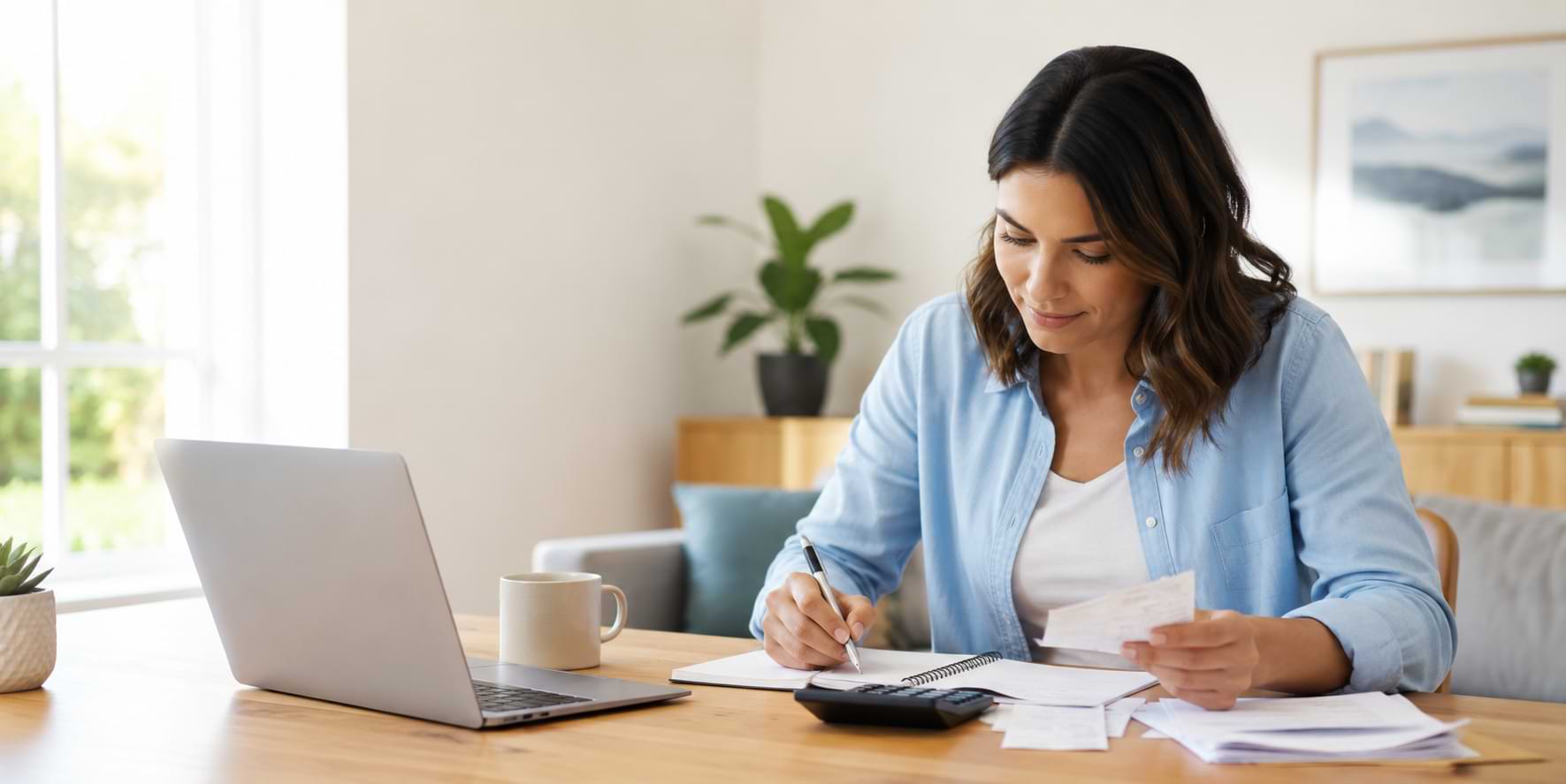 Woman reviewing receipts and writing in a budget notebook beside a laptop and calculator at home.