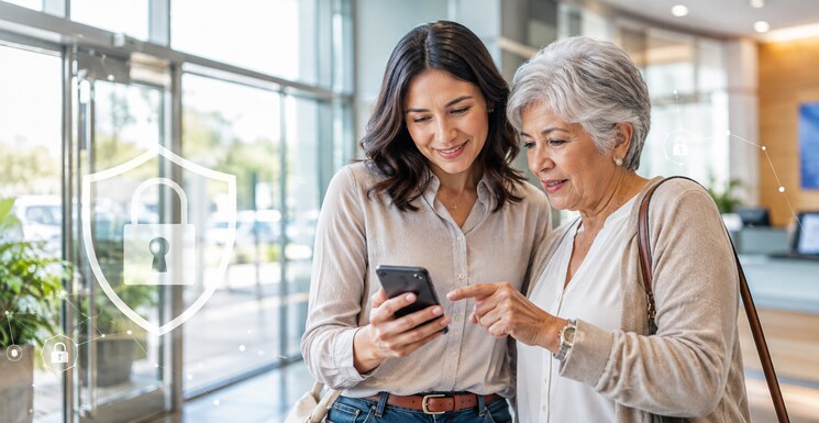 Two women review a smartphone in a bank lobby with digital security icons.