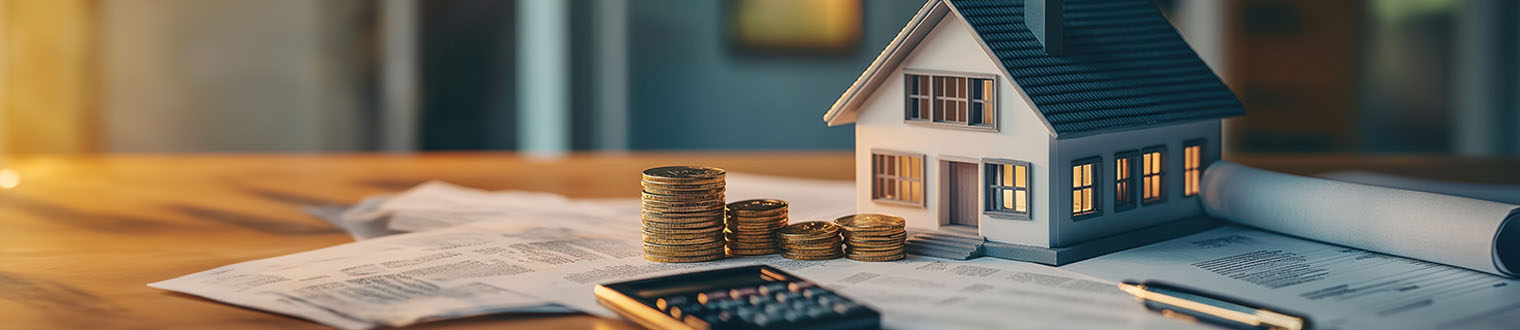 Stacks of coins, financial documents, and a model house symbolizing mortgage planning and homeownership.