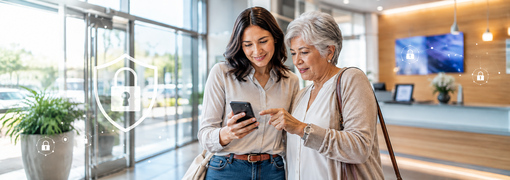Two women review a smartphone in a bank lobby with digital security icons.