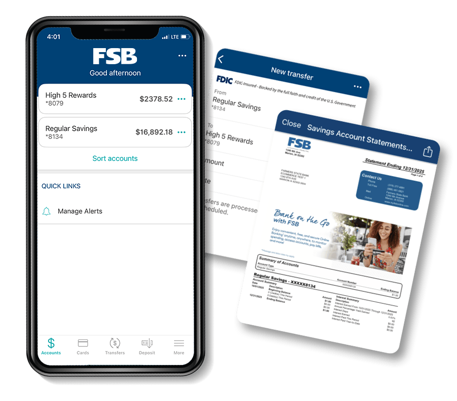 FSB's mobile banking app screens showing accounts, transfer form, and statement.