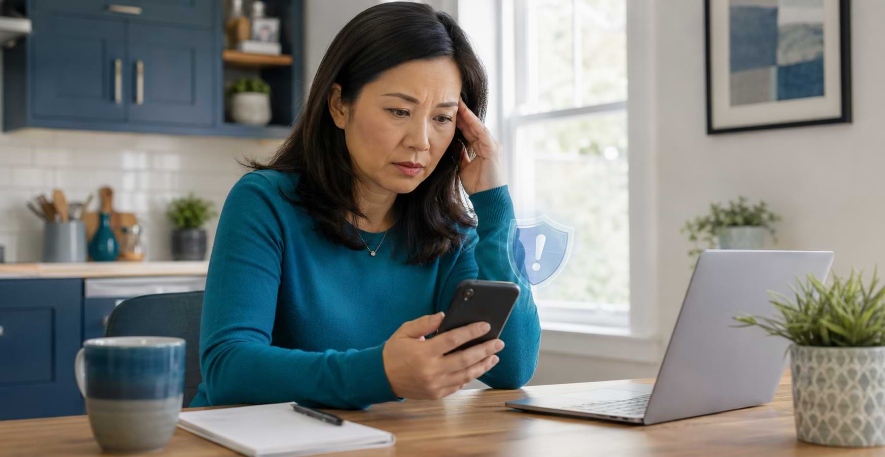 Woman reviewing receipts and writing in a budget notebook beside a laptop and calculator at home.