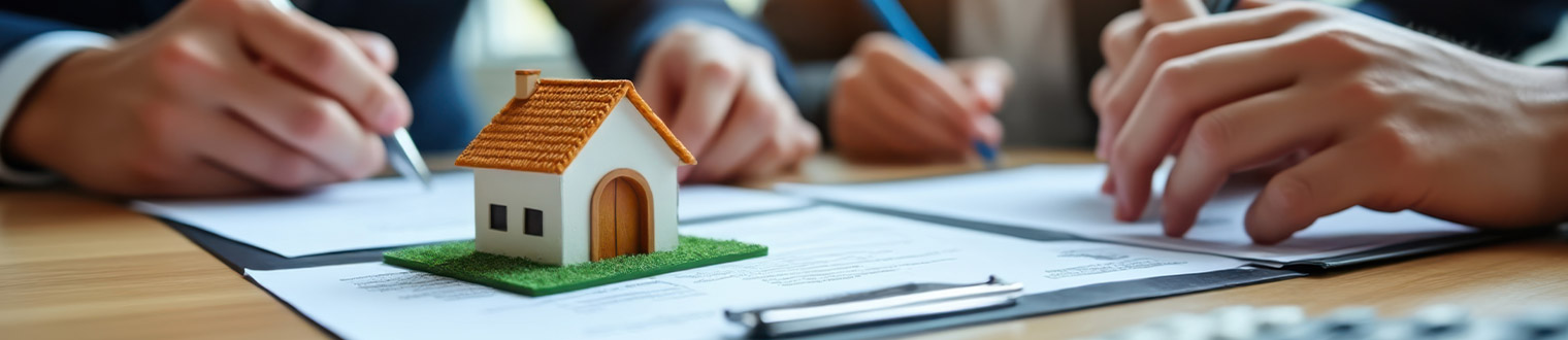 People signing mortgage refinancing documents with a model house on the table.